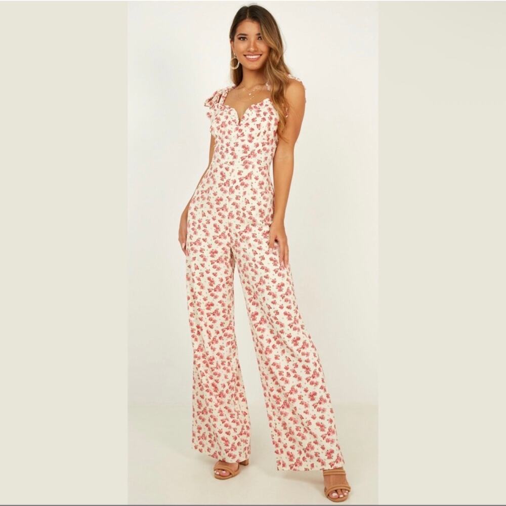 Showpo Days Drifiting Floral Tie Strap Wide Leg Jumpsuit Cream Pink Roses US 8
